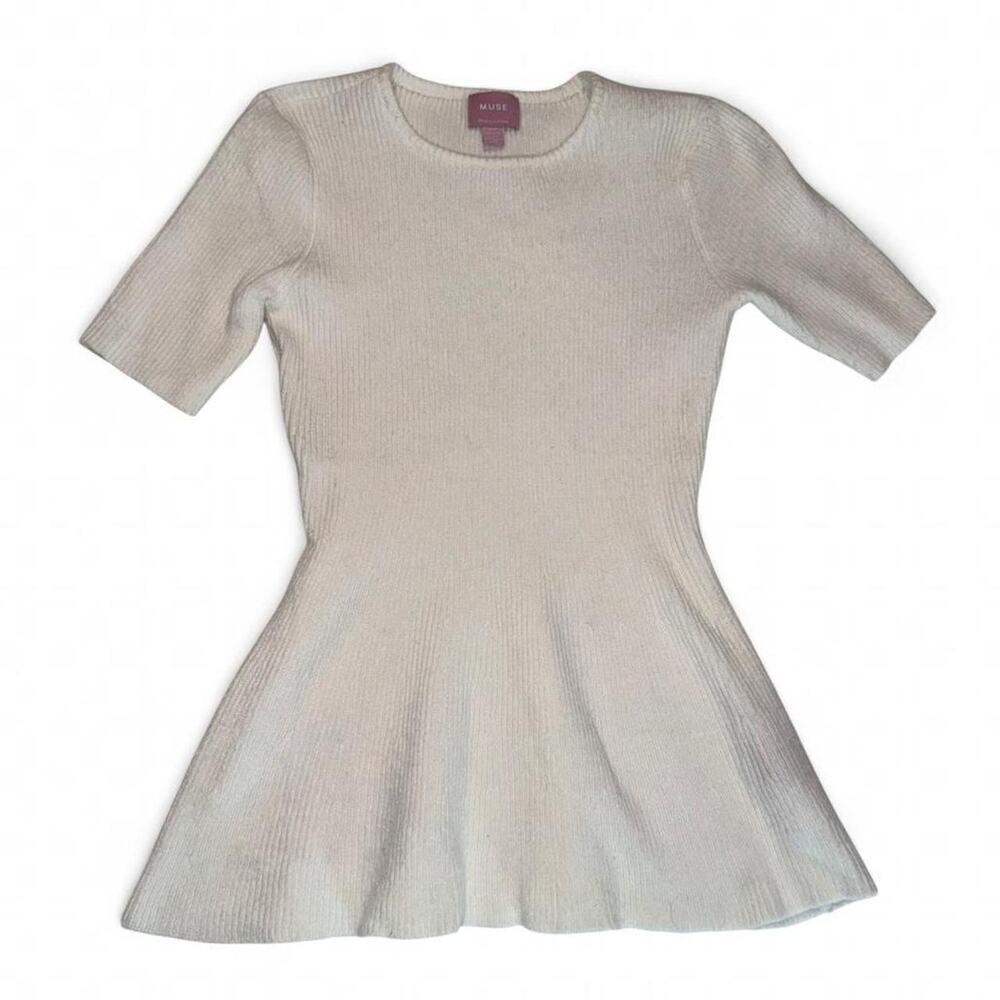 Muse Republic White Knit Peplum Sweater Top Short Sleeve Sm Minimalist Chic Work